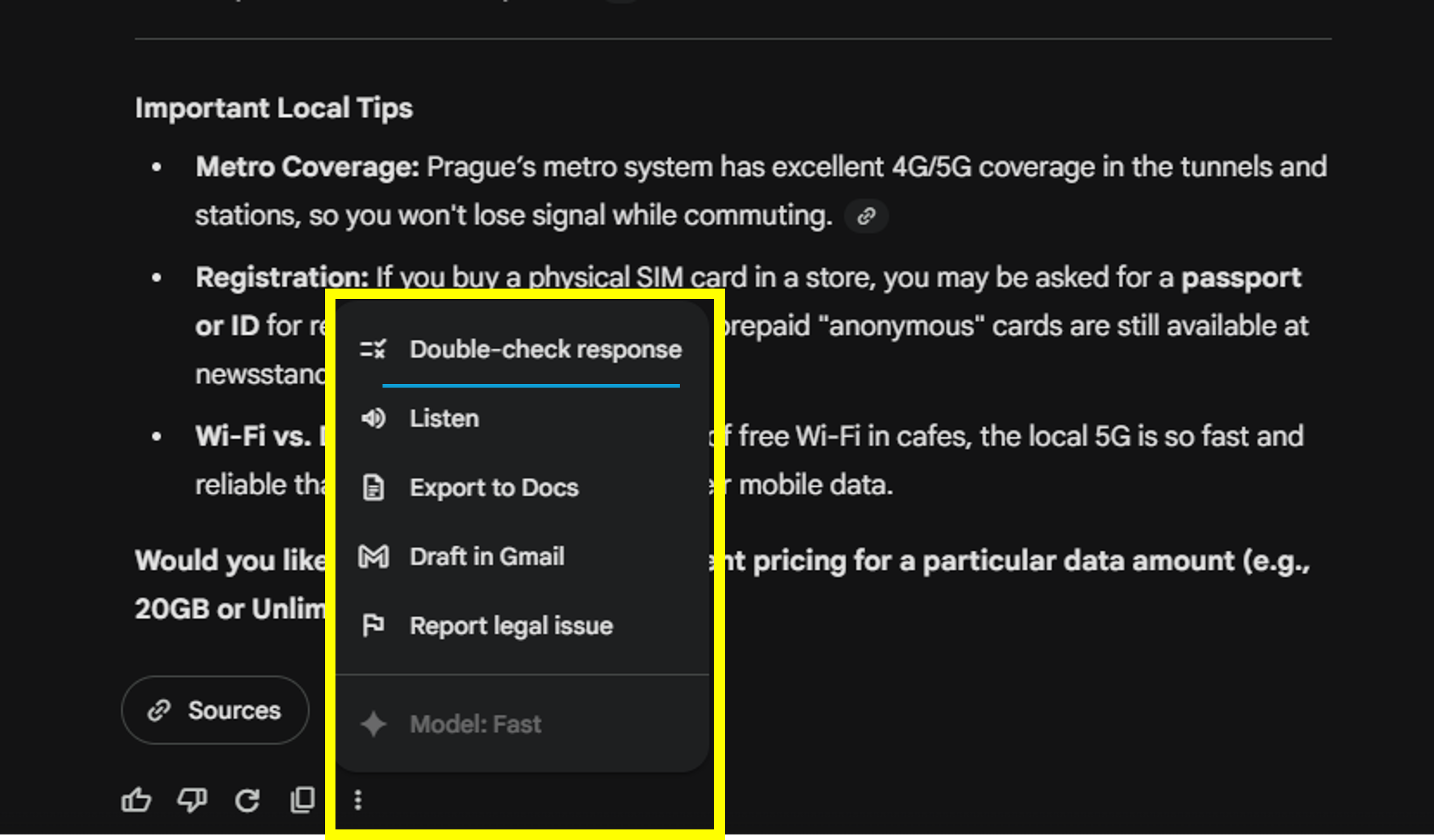 A close-up of the Google Gemini user interface menu. A yellow box highlights the “Double-check response” option. Other menu items visible include Listen, Export to Docs, Draft in Gmail, and Report legal issue.