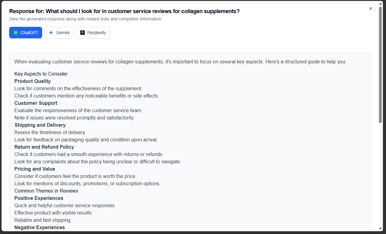A screenshot of a Seonali dashboard showing a generated response to the prompt "What should I look for in customer service reviews for collagen supplements?". The response is a structured guide with key aspects to consider, including product quality, customer support, shipping and delivery, return and refund policy, pricing and value, and common themes in reviews.